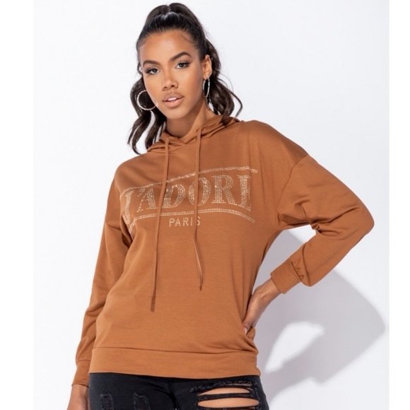 Tops - Rust Long Sleeve Studded Loose Fit Hoodie Hooded Sweatshirt Top